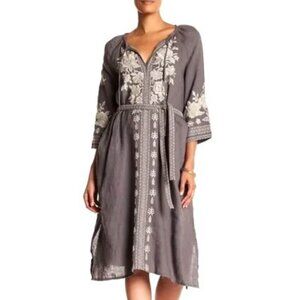 Johnny Was 100% Linen Embroidered Belted Dress Sz-L Gray